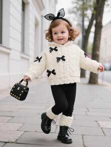 女婴连帽卫衣+加厚保暖裤套装，秋冬季，米色珊瑚绒连帽衫配黑色蝴蝶结丝带，保暖打底裤，适合多种场合