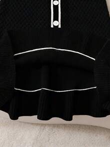 Tween Girl Handmade 3D Bow Long Sleeve Knitted Cardigan And Ruffle Hem Knitted Mini Skirt Set, Autumn/Winter Girls Sweater Sets Girl Black White Clothes Tween Matching Set Knit Girls Black And White Rib Skirt Girl Knit Set - Black - View 7