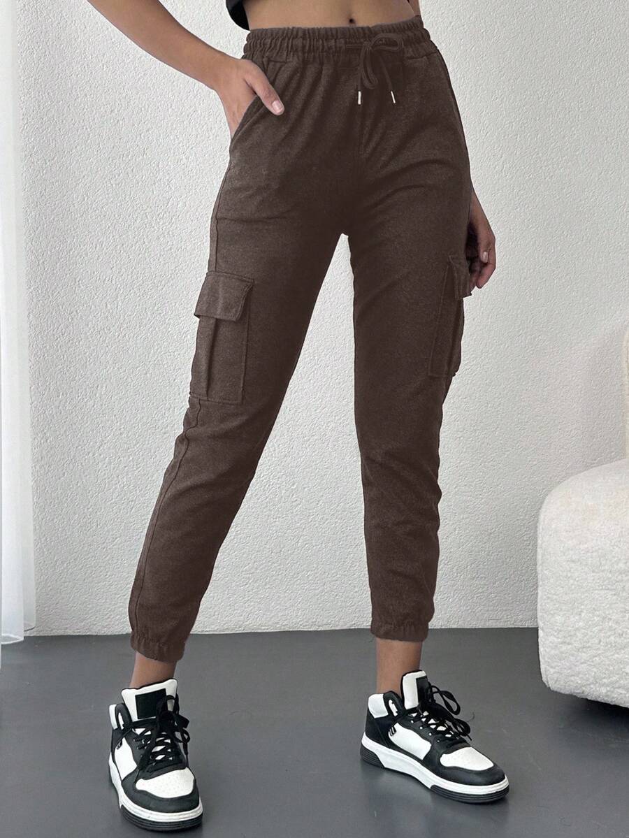 SHEIN 女式休闲纯色工装运动裤 - 巧克力棕 - 查看 1
