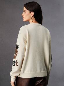 Anewsta Áo len chui đầu cổ tròn thêu hoa 3D cao cấp thời trang dành cho nữ, đa năng cho mùa thu, đông, năm mới, tiệc tùng, đám cưới, thanh lịch, sang trọng, sành điệu - Màu be - Xem 7