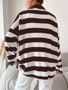 EURMUSE Plus Size Striped Pattern Drop Shoulder Polo Neck Drop Shoulder Sweater - Brown - View 2