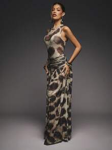 Hauture 杏色优雅性感无袖针织网眼印花连体裤蛇皮印花扭纹褶皱A字高开衩裙女式两件套 - 彩色 - 查看 5