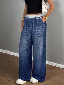 SHEIN 少女休闲宽松低腰弹力阔腿运动裤，适合春、夏、秋、冬四季穿着，尤其适合秋冬季日常穿着、街头风、居家休闲。这款阔腿弹力腰牛仔裤适合新年、日常穿着、庆祝活动、秋冬季穿着，舒适百搭，是秋冬季叠穿的理想选择，时尚有型。 - 藍色 - 查看 3