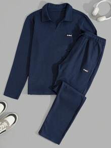 EURMUSE Men Waffle Fabric Relaxed Good Quality Regular Polo & Pants Homewear Set - Navy Blue - View 1