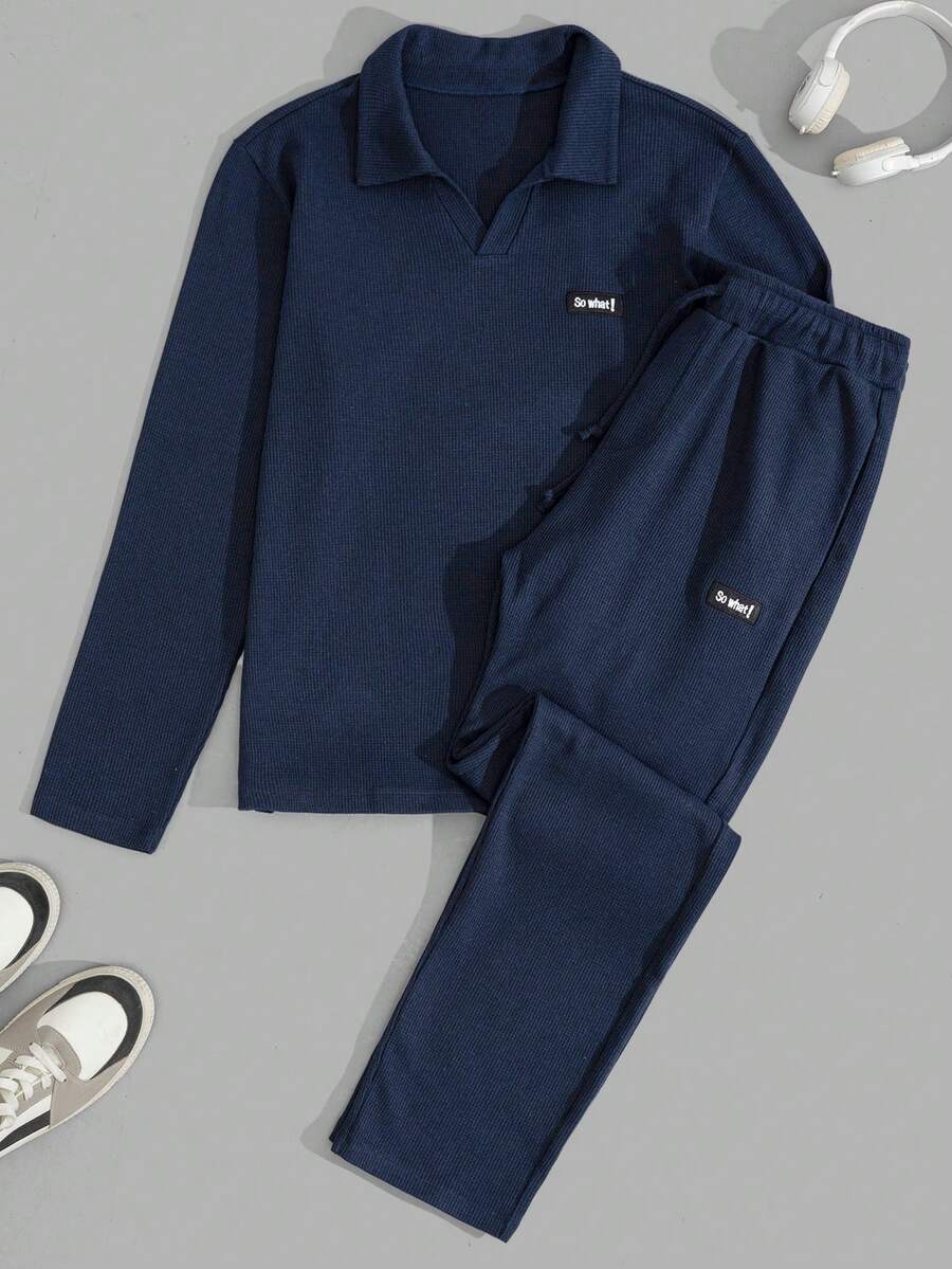 EURMUSE Men Waffle Fabric Relaxed Good Quality Regular Polo & Pants Homewear Set - Navy Blue - View 1