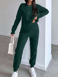 EURMUSE Women's Casual Solid Color Top And Pants 2 Pieces Set, Autumn - Dark Green - View 3