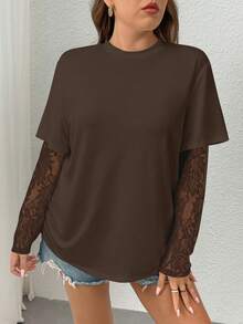 Calvaya Áo thun tay ngắn dệt kim ren chắp vá cỡ lớn thời trang xuân/hè cho nữ - màu nâu - Xem 4