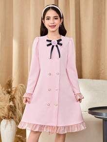 SHEIN Tween Girl Elegant Party Bow Decor Double-Breasted Dress - Pink - View 4