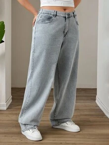 SHEIN Cottnline Plus Size Women Embroidered Mid-Waist Button Pocket Straight Leg Jeans - Light Grey - View 4