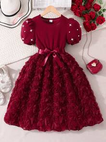 Sparklyn Vestido elegante de verano para niñas con mangas de perlas, flores 3D y cinturón - Burdeos - Ver 4
