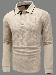 Manfinity Mode 男式撞色饰边纽扣休闲长袖 Polo 衫 - 杏色 - 查看 7