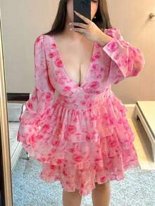 Flirla Romantisches Rüschenkleid in Große Größen für Partys - Pink - Übersicht 1