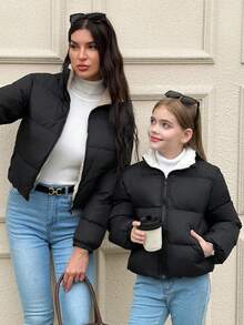 SHEIN 少女简约舒适时尚宽松短款立领羽绒服，拉链设计，简约时尚休闲，加厚设计，适合秋冬季节穿着。 - 黑色 - 查看 5
