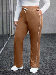 EURMUSE Plus Size Contrast Trim Pocket Drawstring Waist Casual Sweatpants - Camel - View 5