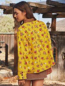 WESTFADE Floral Print Corduroy Collared Button Front Oversized Long Sleeve Barn Jacket Fall, Autumn, Winter - Multicolor - View 2