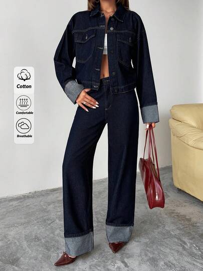 EURMUSE Denimjacka med lock och nedsänkta axlar och vida jeans