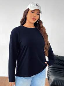 SHEIN EZwear 秋季大码纯色休闲长袖T恤 - 藏蓝色 - 查看 6