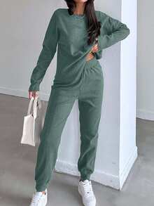 EURMUSE Women's Casual Solid Color Top And Pants 2 Pieces Set, Autumn - Mint Green - View 3