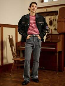 Manfinity Homme Quần jeans ống loe retro họa tiết móng ngựa màu xám đậm dành cho nam - Màu xám đen - Xem 2