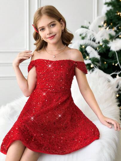SHEIN Tween Girls Solid Red Sequin Off-Shoulder Mini Dress, Formal Dress, Red Dress, Tube Dress, Fairy Dress, Princess Masquerade Ball Dress, New Year Eve Dress, New Year Party Dress, Christmas Party Dress