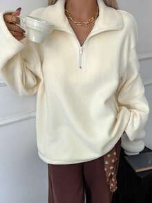 Livesso 女士保暖内衬宽松休闲商务套头衫，半开领，适合秋冬季 - 米色 - 查看 7