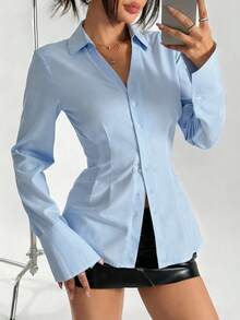 Elamini Women's Long Sleeve Ruched Slim-Fit Solid Color Blouse, For Autumn Women Shirt - Baby Blue - View 3