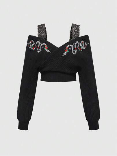 Goth Suéter de tirantes finos con escote en V profundo y hombros descubiertos, con bordado de serpiente gótico y encaje sexy