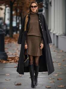 EMERY ROSE Women's Autumn/Winter Solid Turtleneck Drop Shoulder Long Sleeve Sweater And Pleated Knit Skirt 2 Pieces Set Fall Cloth For Women - Brown - View 4