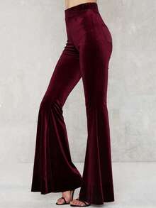 INAWLY Women's Velvet Skinny Flare Red Pants - Burgundy - View 2