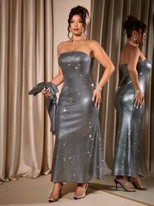 Cravure 加大码女式银箔性感抹胸束腰美人鱼下摆紧身连衣裙搭配小开衫外套两件套 - 銀色 - 查看 2