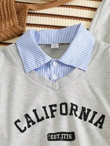 2 件套 Tween GirlsCalifornia 图案印花条纹纯色 Polo 领长袖运动衫和裤子，时尚运动休闲装，春秋季 - 灰色 - 查看 4