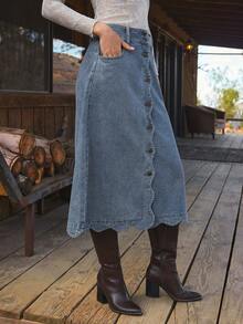 WESTFADE High Waist Scalloped Button Front Cotton Blend Denim A Line Midi Skirt Cute Fall, Casual, Autumn, Winter, Boho, Western Wear For Women, Country Concert - Medium Wash - View 4