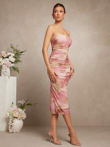 L'Amorae Vestido elegante feminino com estampa floral e franzido - Rosa - Ver 1