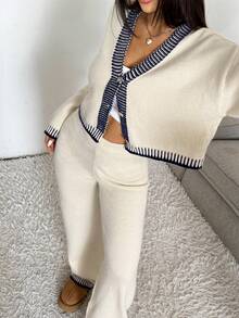 EURMUSE Women's Casual Contrast Trim Cardigan And Knit Pants 2 Pieces Set, Autumn/Winter - White - View 7