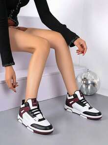Tenis altos para hombre piel sintética costura reforzada, punta redonda, cordones clásicos, suela antideslizante, estilo urbano retro, uso casual y basketball, zapatillas - Blanco y Negro - Ver 3