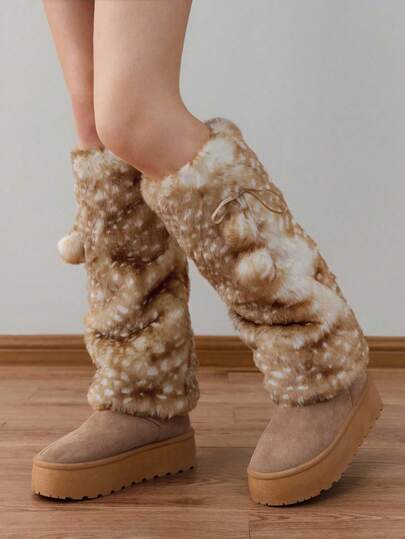 Fairycore 1 Paar süße, flauschige Hirsch-Design Beinwärmer, Y2K-Stil, kuschelig mit Bommel, dick und oversized, modisch schlank geschnitten, geeignet für den Alltag, Herbst/Winter, Feiertage & Partys