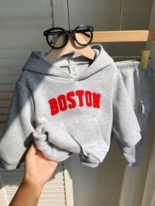 SHEIN 2 件婴儿男女通用服装，可爱灰色字母印花连帽衫和慢跑裤套装，婴儿冬装 - 彩色 - 查看 9