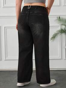 RueChic Plus Mid Waist Belt Detailed Straight Jean - Black - View 2