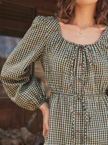 WESTFADE 棉混纺格子圆领蝴蝶结纽扣前开襟无袖宽松中长连衣裙，适合秋季、休闲女牛仔、秋季、秋季、波西米亚风、冬季、乡村音乐会、西部风女装 - 棕色 - 查看 4