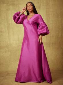 Vixey 纯色塔夫绸 V 领落肩泡泡袖飘逸长裙 - 玫紅色 - 查看 5