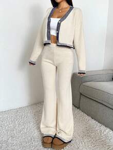 EURMUSE Women's Casual Contrast Trim Cardigan And Knit Pants 2 Pieces Set, Autumn/Winter - White - View 15
