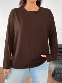 SHEIN EZwear Plus Size Loose Fit Drop Shoulder Crew Neck T-Shirt, Plus Size, Chocolate Brown/Winter