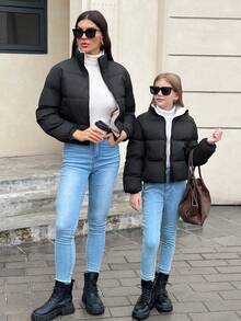 SHEIN 少女简约舒适时尚宽松短款立领羽绒服，拉链设计，简约时尚休闲，加厚设计，适合秋冬季节穿着。 - 黑色 - 查看 14