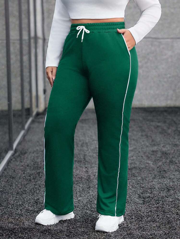 EURMUSE Plus Size Contrast Trim Drawstring Waist Pockets Casual Sweatpants - Dark Green - View 5