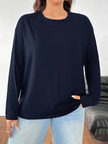 SHEIN EZwear 秋季大码纯色休闲长袖T恤 - 藏蓝色 - 查看 4