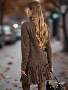 EMERY ROSE Women's Autumn/Winter Solid Turtleneck Drop Shoulder Long Sleeve Sweater And Pleated Knit Skirt 2 Pieces Set Fall Cloth For Women - Brown - View 2