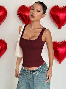 Flirla Lace Patchwork Neckline Red Tank Top For Women, Valentine's Day - Burgundy - View 4