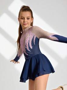 SHEIN 青少年女孩花样滑冰裙，优雅闪亮水钻比赛和训练服，舒适合身网眼裙，粉色和蓝色印花设计，长袖弹力雪纺裙，防走光，适合校园、比赛、花样滑冰 - 粉色 - 查看 6