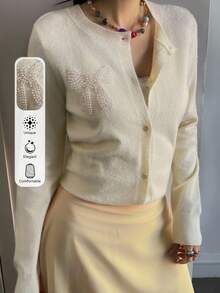 Livesso Autumn/Winter Yellow Beaded Shiny 3D Bow Knit Cardigan, Elegant For Wedding & Party - Beige - View 1