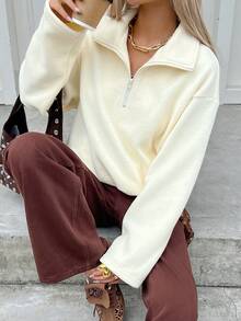 Livesso 女士保暖内衬宽松休闲商务套头衫，半开领，适合秋冬季 - 米色 - 查看 3